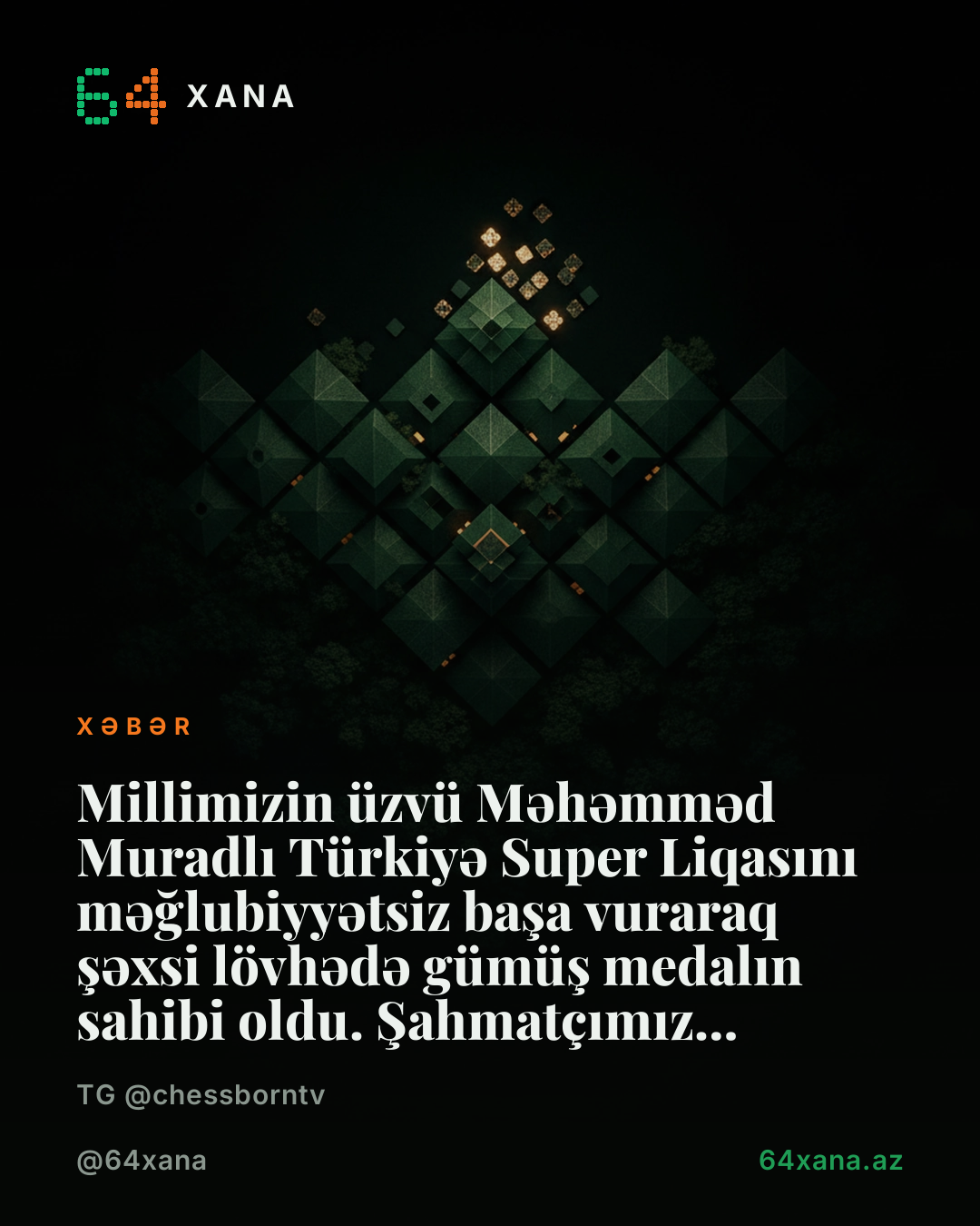 Millimizin üzvü Məhəmməd Muradlı Türkiyə Super Liqasını məğlubiyyətsiz başa vuraraq şəxsi lövhədə gümüş medalın sahibi oldu. Şahmatçımız reytinqini 2653-ə çatdıraram Top 65-ə daxil oldu!