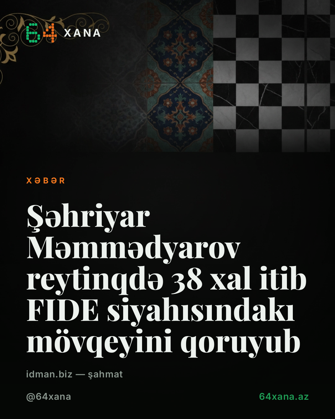 Şəhriyar Məmmədyarov reytinqdə 38 xal itib FIDE siyahısındakı mövqeyini qoruyub