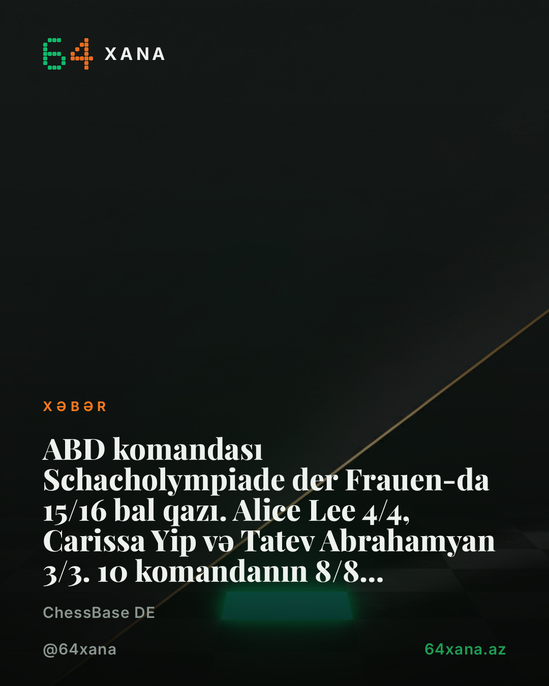 Amerikalı qadınlar şahmat Olimpiadaında Samarkand R4-də strongly başlayıb. USA 15/16 ball, Alice Lee 4/4, Carissa Yip və Tatev Abrahamyan 3/3.